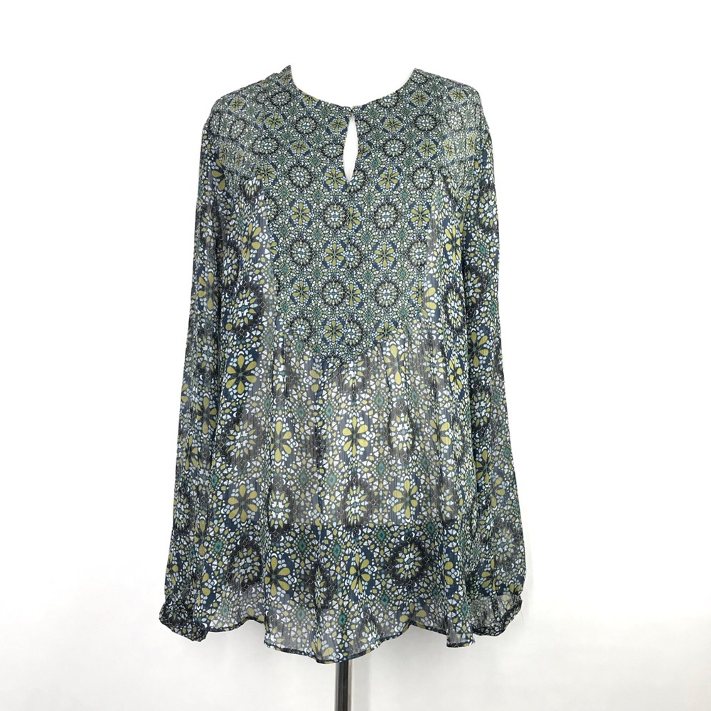 Violet + Claire Blue Green Sheer Round Neck Floral Geometric Pattern Long Sleeve